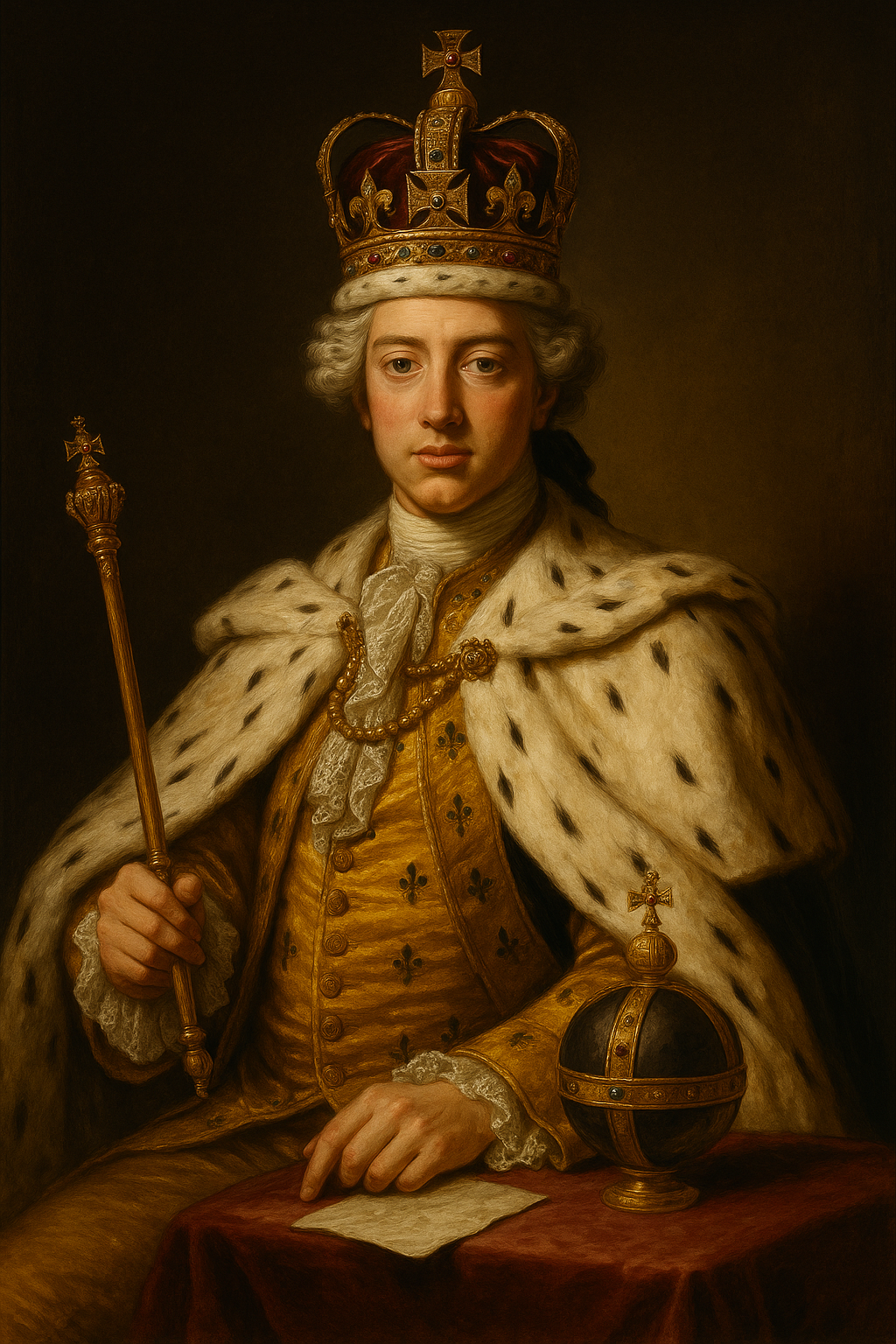 Narrative portrait of King George III in royal regalia, crowned and youthful yet authoritative