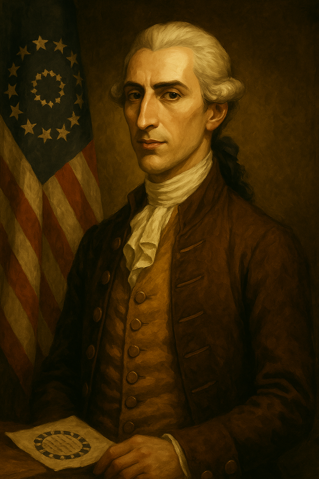 Narrative portrait of James Wilson, young proto-republican jurist with a symbol of the 13 colonies