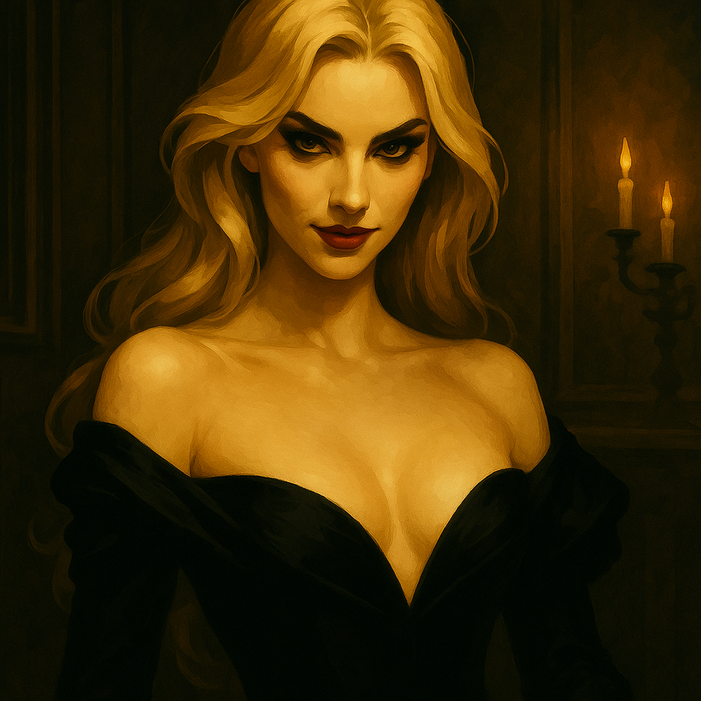 Narrative portrait of Isadora Lonsdale, British spy known as the Black Widow, with a hypnotic gaze and provocative attire